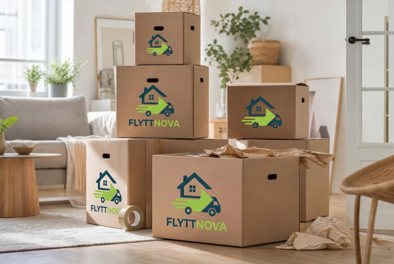 Flyttnovas märkta flyttkartonger packade i vardagsrummet